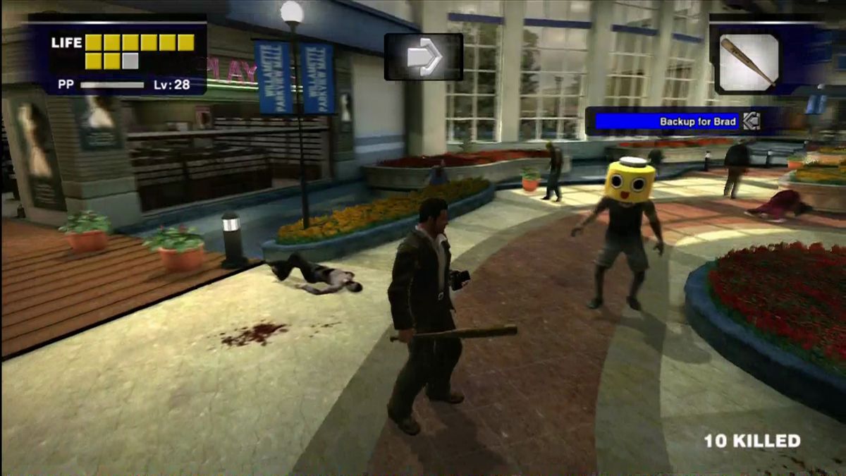 Dead Rising (Xbox 360) screenshot: You can drop Servbot helmets on zombie heads for comedy gold.