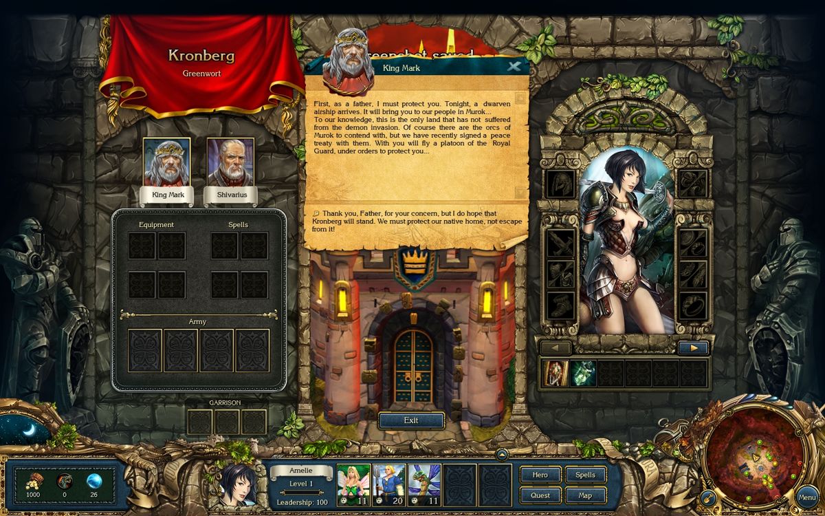 King's Bounty: Armored Princess (Windows) screenshot: King Mark informs his daughter what needs to be done.
