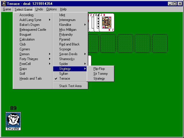Infinite Patience (Windows) screenshot: Version 2.3. This screen shot shows the games available in this version. Some games are grouped by type, these are shown in lower level menus as is shown here.