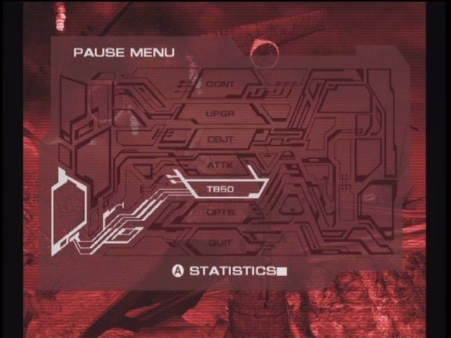 Terminator 3: The Redemption (Xbox) screenshot: The pause menu mimics the Terminator's circuits.