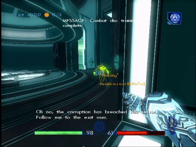 Tron 2.0 (Xbox) screenshot: Corrupted programs have a sickly green color.