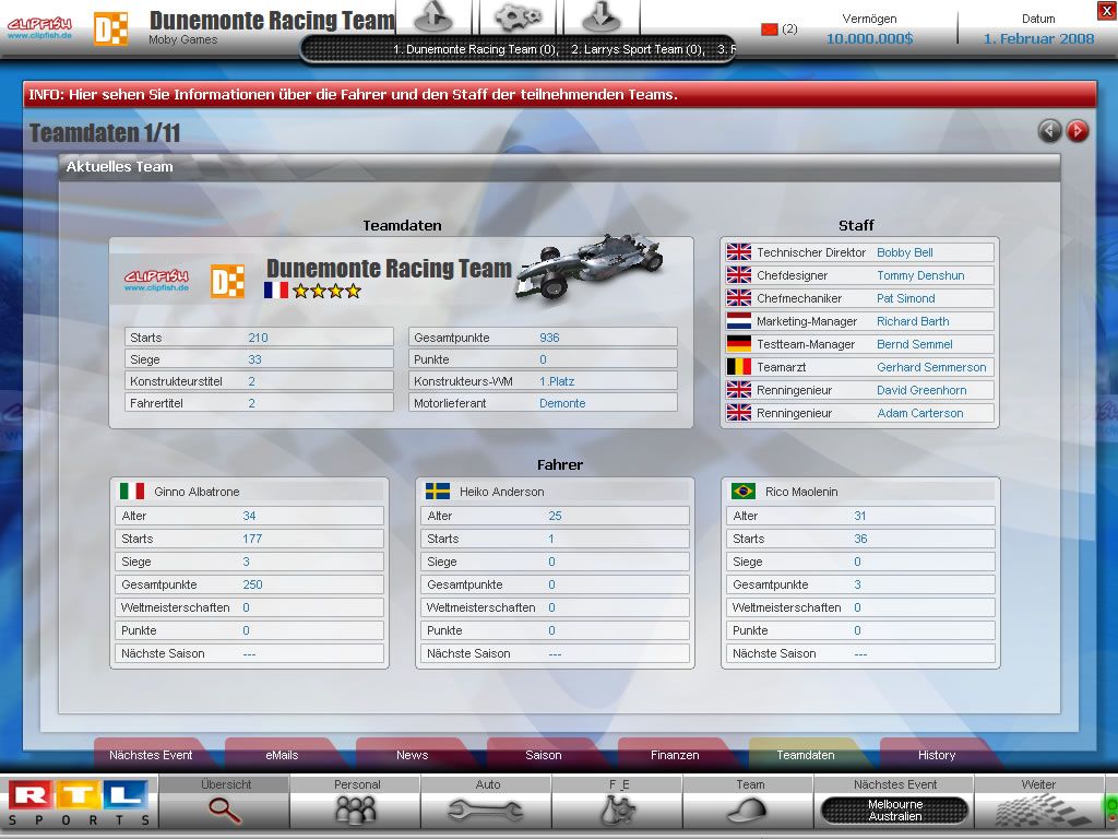 RTL Racing Team Manager (Windows) screenshot: Team information (demo version)