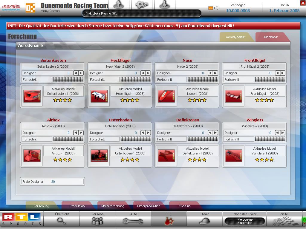 RTL Racing Team Manager (Windows) screenshot: Researching new parts (demo version)
