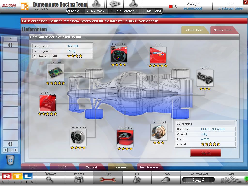 RTL Racing Team Manager (Windows) screenshot: Assembling the car (demo version)