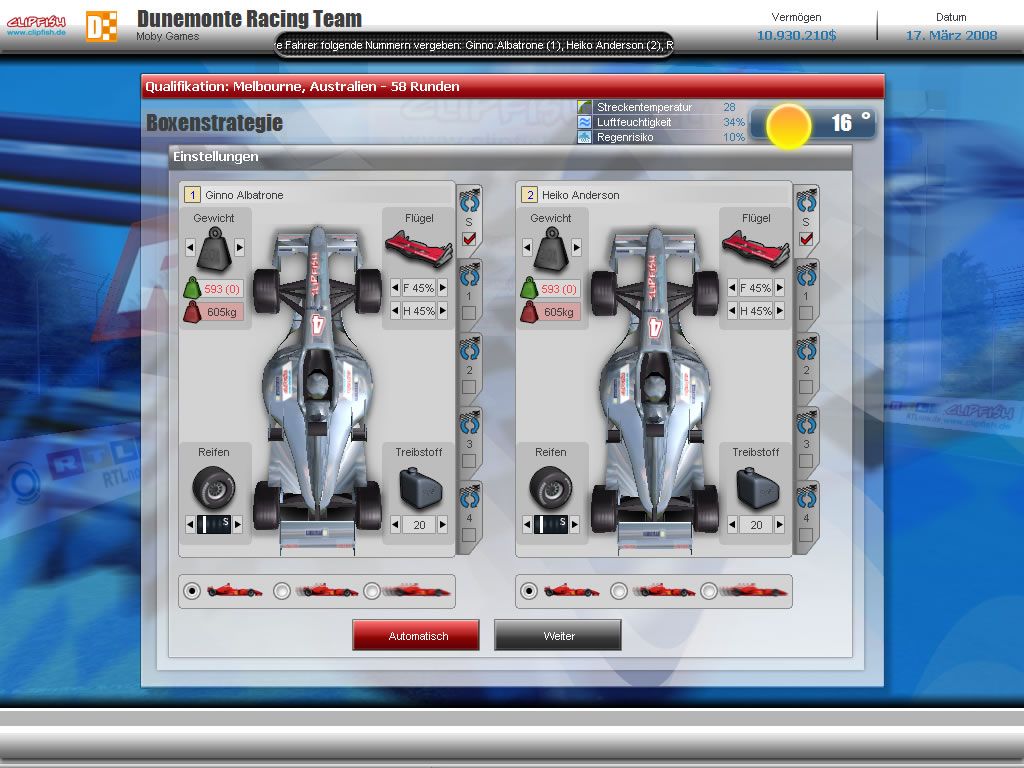 RTL Racing Team Manager (Windows) screenshot: Last settings before the race (demo version)