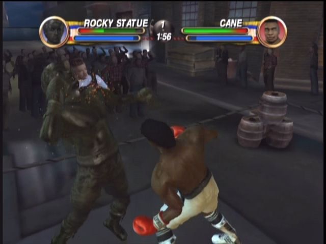 Rocky (Xbox) screenshot: Beat Movie Mode to unlock the Rocky Statue. He bleeds sparks.