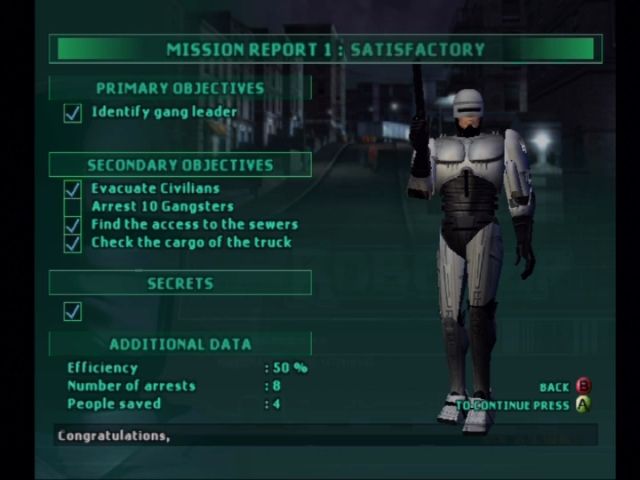 RoboCop (Xbox) screenshot: Mission rating screen.