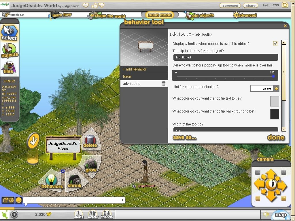 Metaplace (Browser) screenshot: Let's give my welcome sign a tooltip message...