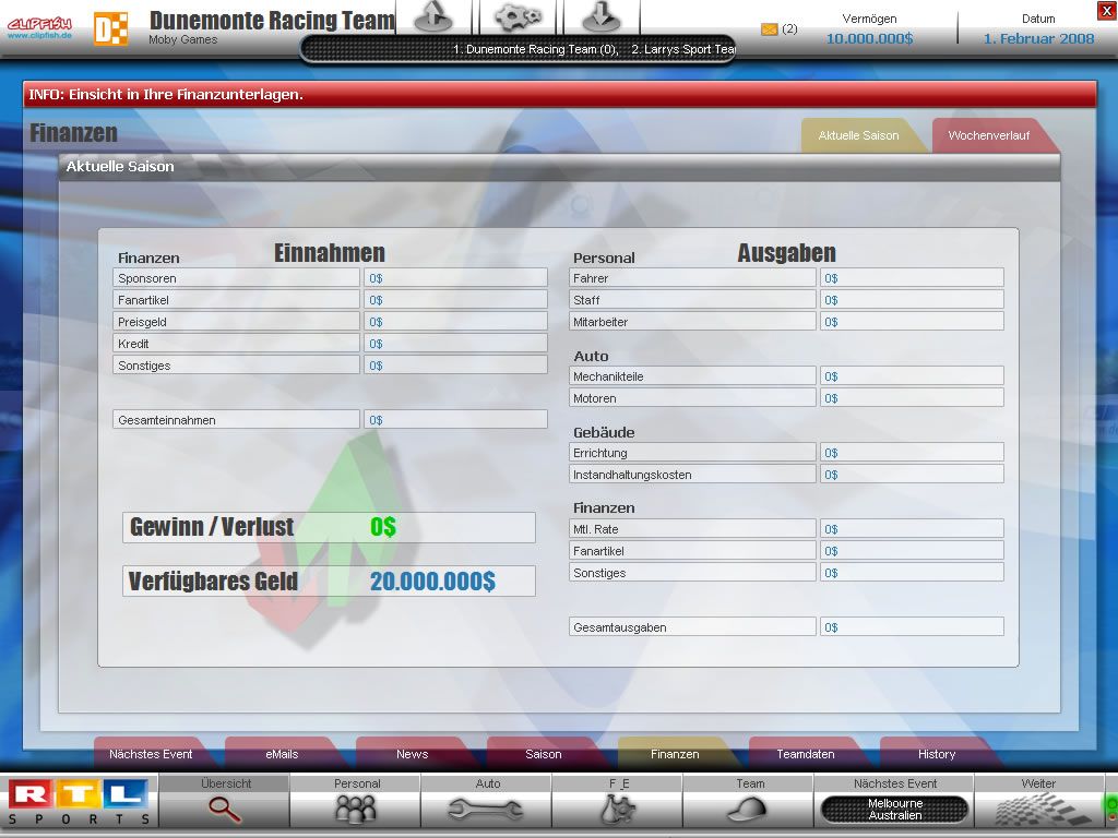 RTL Racing Team Manager (Windows) screenshot: Balance sheet (demo version)