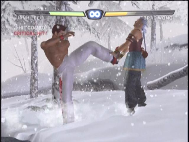 Dead or Alive 3 (Xbox) screenshot: Snow level. The fighters actually carve paths in the snow as they move.