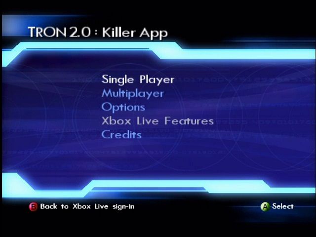 Tron 2.0 (Xbox) screenshot: Main menu.