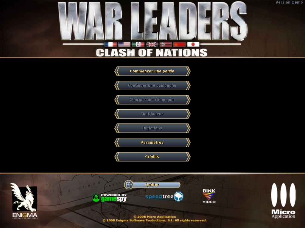 War Leaders: Clash of Nations (Windows) screenshot: Main menu (demo version)