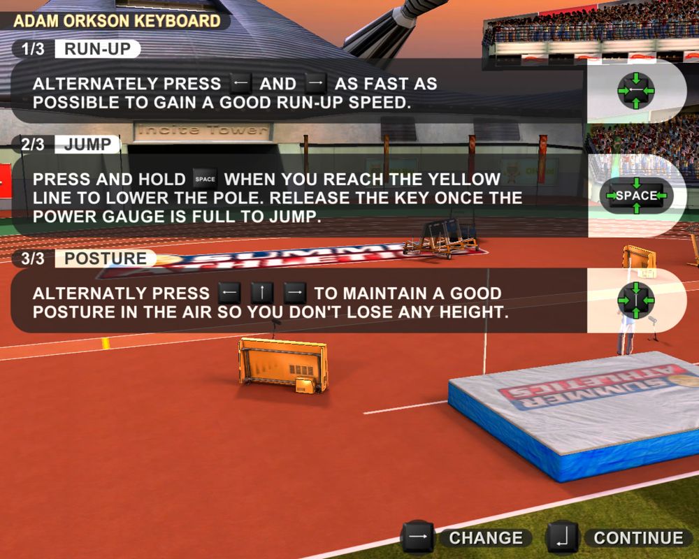 Summer Athletics: The Ultimate Challenge (Windows) screenshot: Before every event the game gives a short explanation of the controls (demo version)