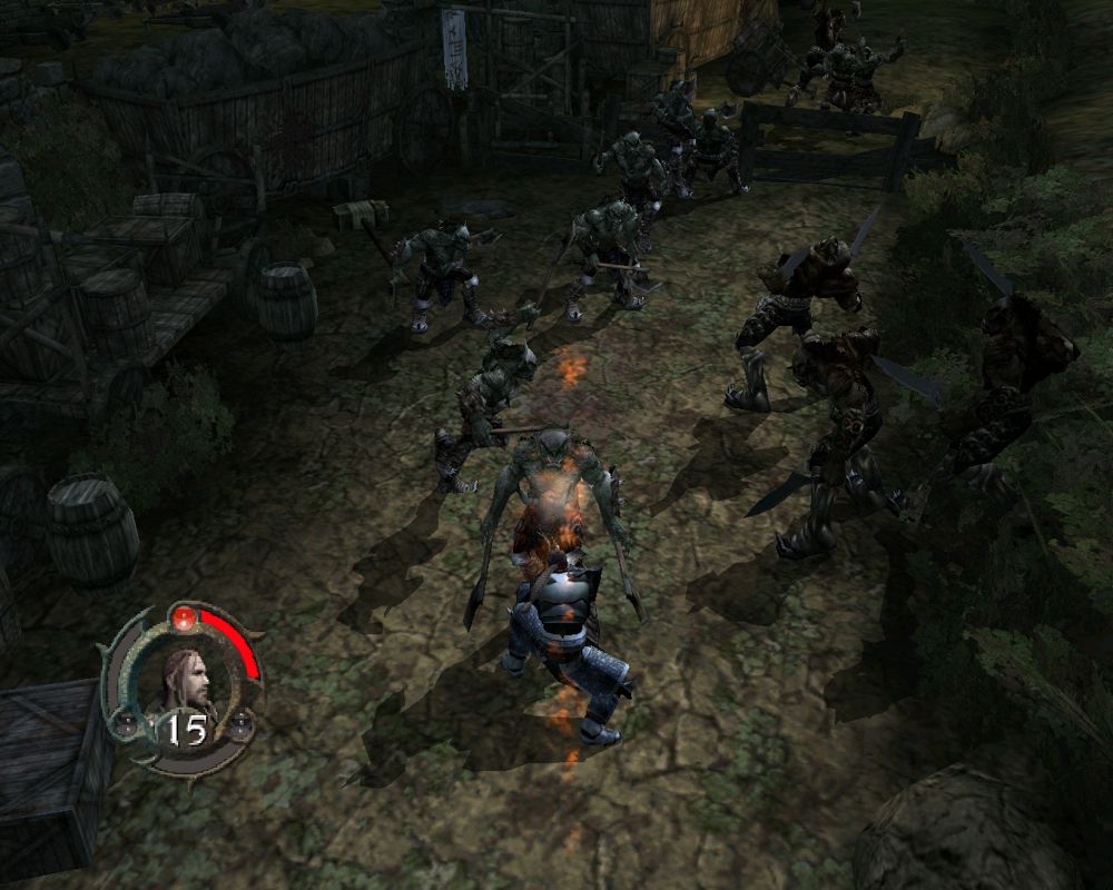 Forgotten Realms: Demon Stone (Windows) screenshot: Killing orcs in the middle of a battlefield