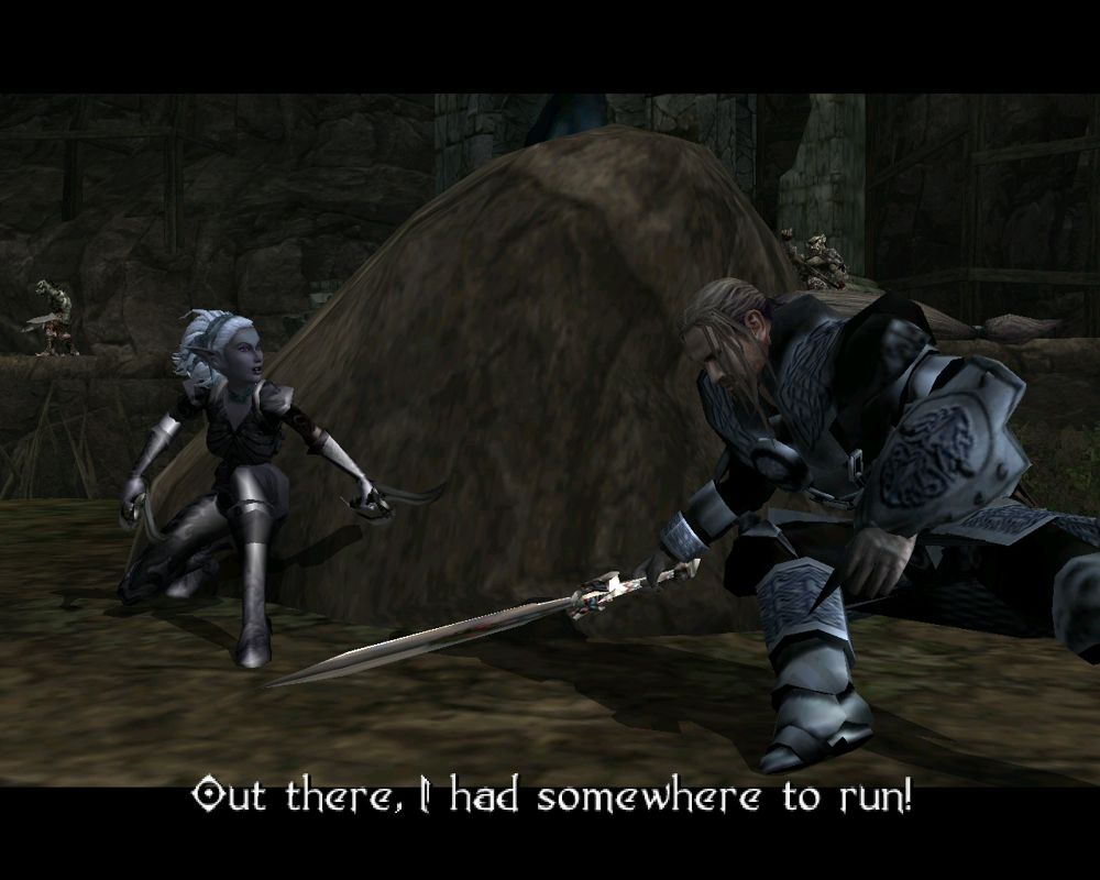 Forgotten Realms: Demon Stone (Windows) screenshot: You meet Zhai (the requisite assassin chick) as she escapes from a prisoner wagon