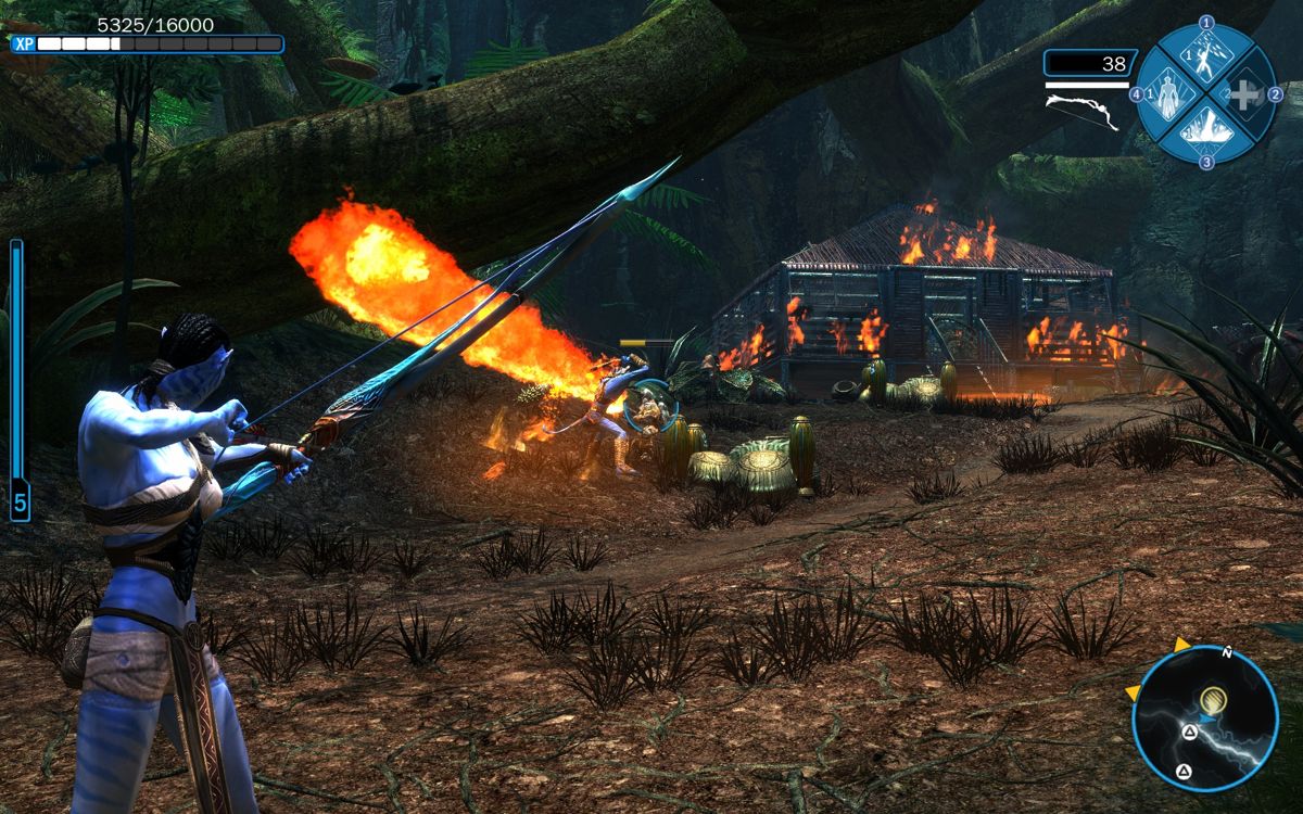 James Cameron's Avatar: The Game (Windows) screenshot: A flamethrower-solider thinks he can win against two avatars.