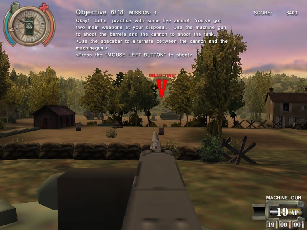 Panzer Killer! (Windows) screenshot: The game switches to a first-person perspective when using the machine gun (demo version)