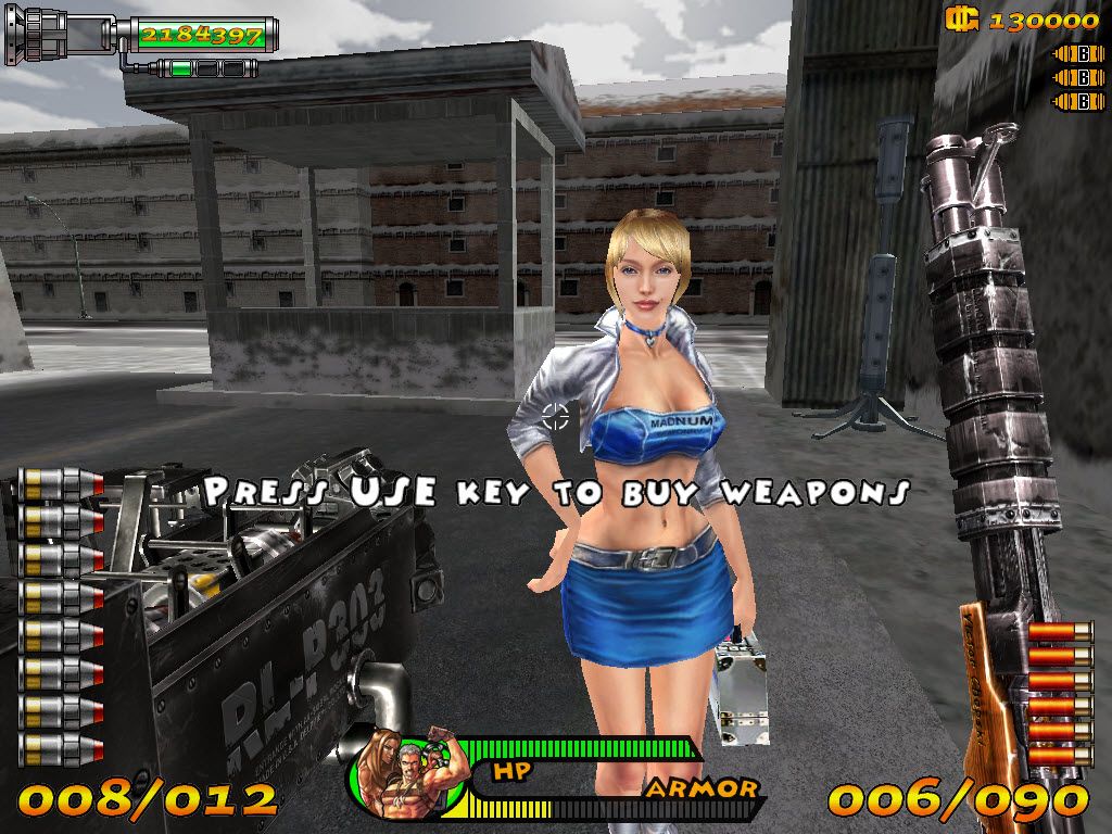 Nitro Family (Windows) screenshot: Lovely Lisa sells weapons in Bloodivostock. The toughest level of the game