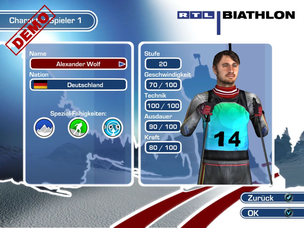 RTL Biathlon 2009 (Windows) screenshot: This is an existing athlete with fixed abilities (demo version)