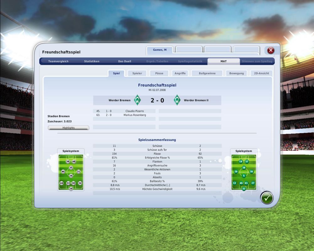 FIFA Manager 09 (Windows) screenshot: Match statistics (demo version)