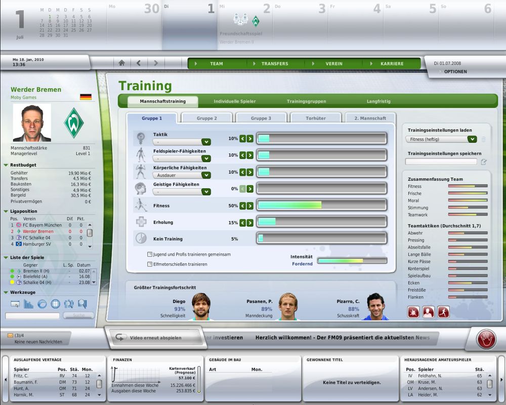 FIFA Manager 09 (Windows) screenshot: Training (demo version)