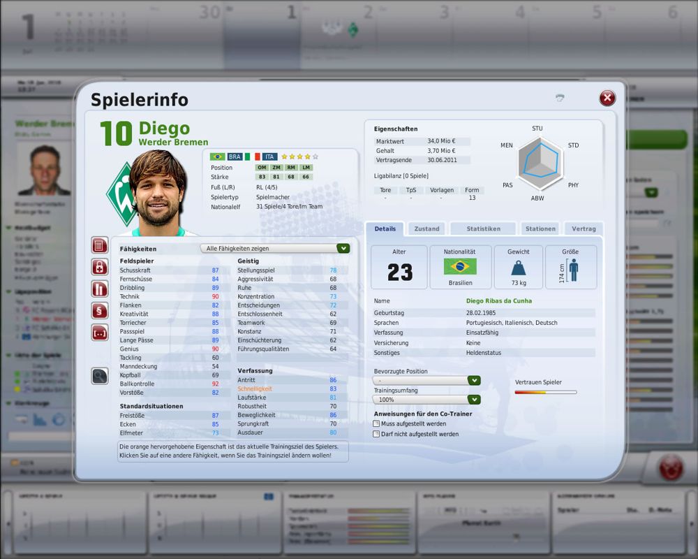 FIFA Manager 09 (Windows) screenshot: Overview of a player's statistics (demo version)