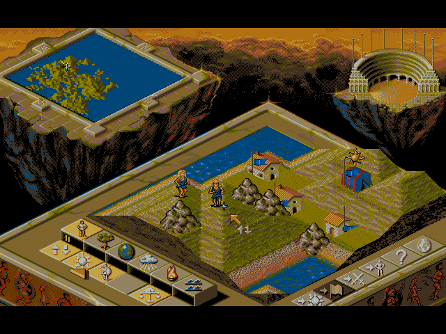 Populous II: Trials of the Olympian Gods (DOS) screenshot: Default game world view in hi-res mode
