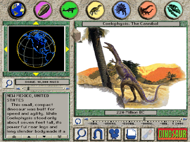 3-D Dinosaur Adventure (DOS) screenshot: Types of Dino