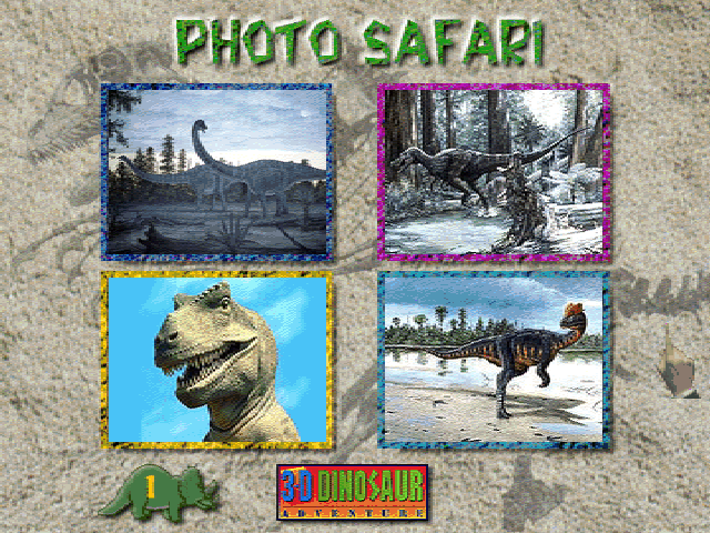 3-D Dinosaur Adventure (DOS) screenshot: Photo safari shows dinosaur pictures