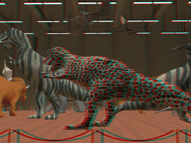 3-D Dinosaur Adventure (DOS) screenshot: Entering the large exhibit area all in blue red 3D
