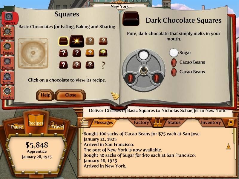 Chocolatier 2: Secret Ingredients (Windows) screenshot: You have gained a dark chocolate recipe.