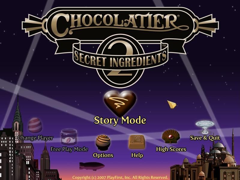 Chocolatier 2: Secret Ingredients (Windows) screenshot: Title screen and main menu