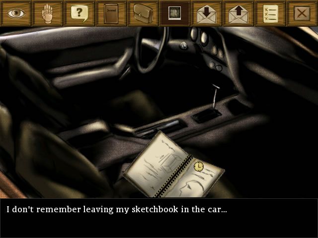 The Marionette (Windows) screenshot: The sketchbook has wound up in the car.