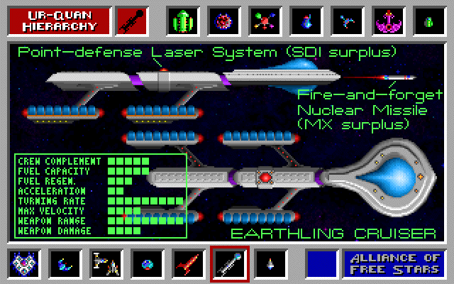 Star Control (DOS) screenshot: It's the 27th century and Earth's still using parts from the Reagan administration? (MCGA/VGA)
