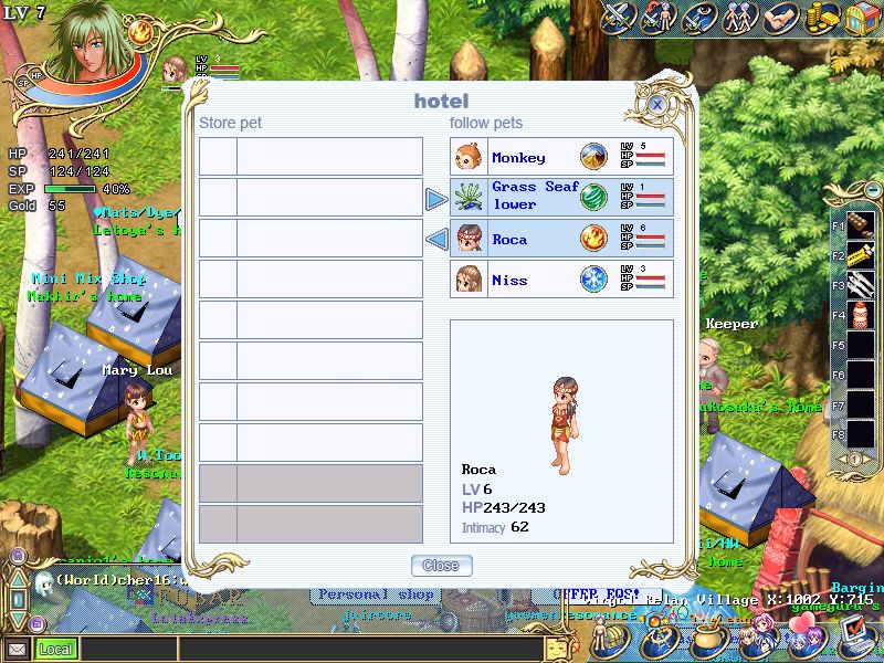 Wonderland Online (Windows) screenshot: This is the pet inventory called "hotel". Caught monsters and accompanying NPCs are treated exactly the same.