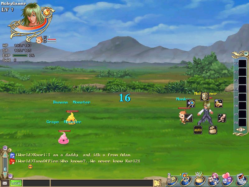 Wonderland Online (Windows) screenshot: The battle screen. My monkey and me taking on two fruity monsters.