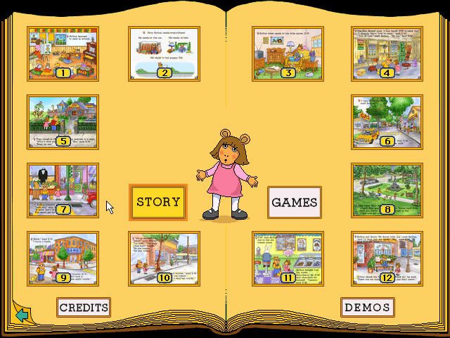 Arthur's Reading Race (Windows) screenshot: Options menu with story pages, mini game pages, or demos