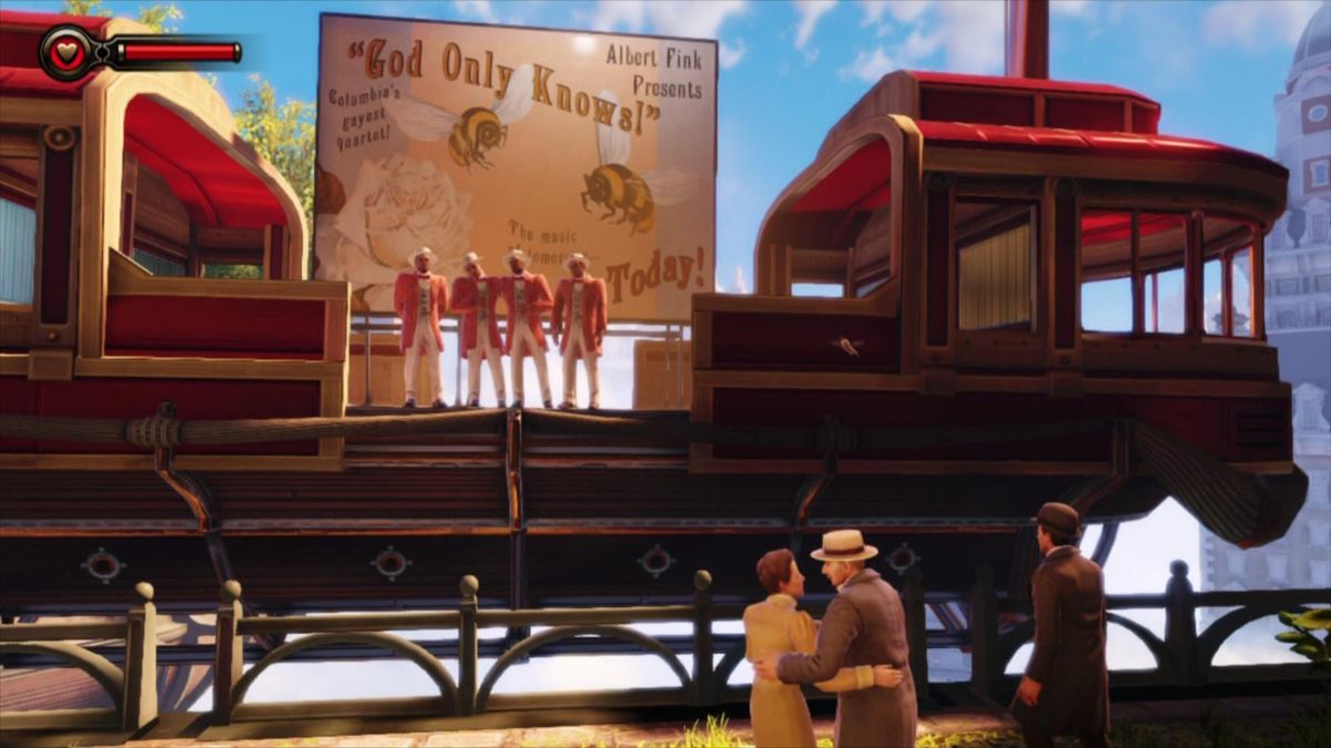 BioShock Infinite (Xbox 360) screenshot: The city strives with life, a quartet singing a song.