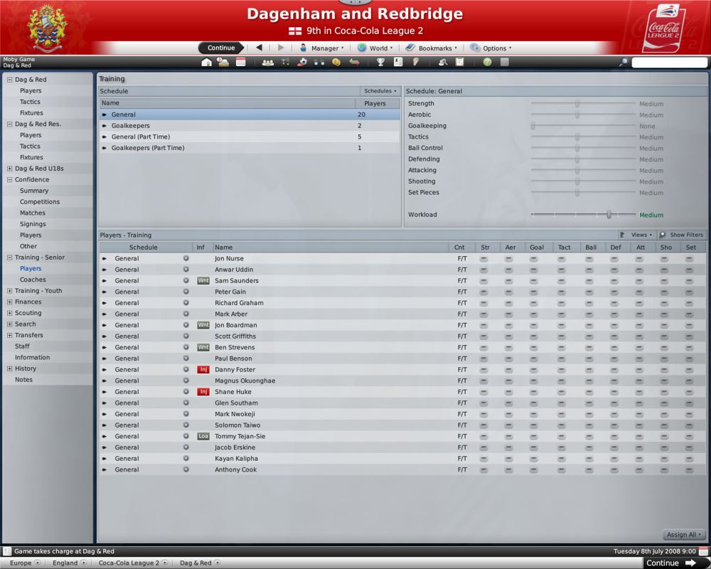 Worldwide Soccer Manager 2009 (Windows) screenshot: Setting the training (demo version)