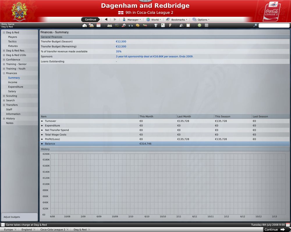 Worldwide Soccer Manager 2009 (Windows) screenshot: The balance sheet (demo version)