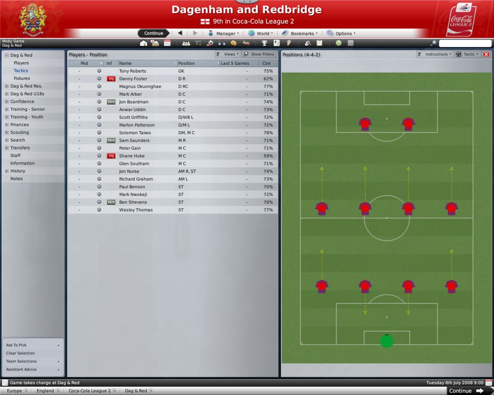 Worldwide Soccer Manager 2009 (Windows) screenshot: The tactics menu (demo version)