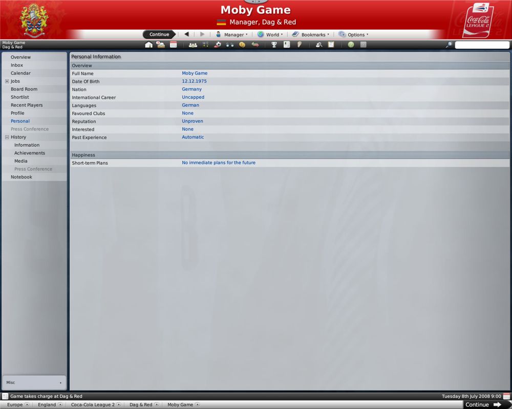 Worldwide Soccer Manager 2009 (Windows) screenshot: Personal information (demo version)
