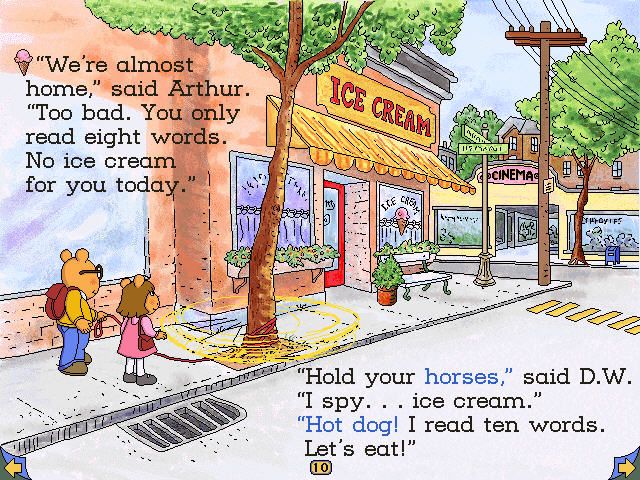 Arthur's Reading Race (Windows) screenshot: Pal is a source of fun in pages