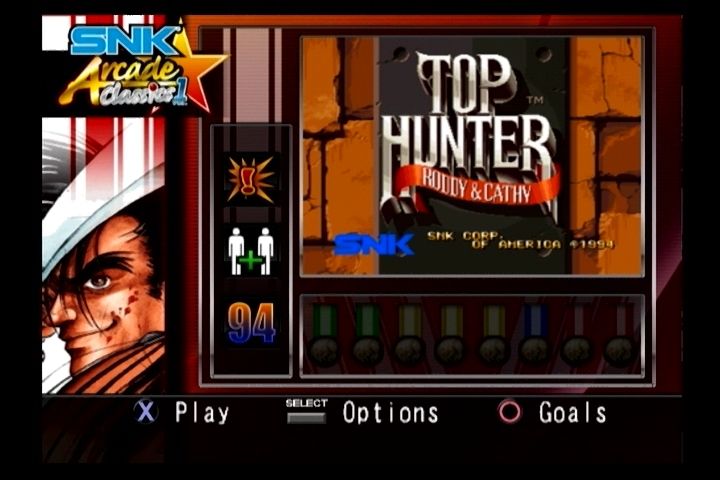 SNK Arcade Classics Vol. 1 (PlayStation 2) screenshot: The game menu tells you the year it was released, how many people can play, the genre, and the medals you've earned.