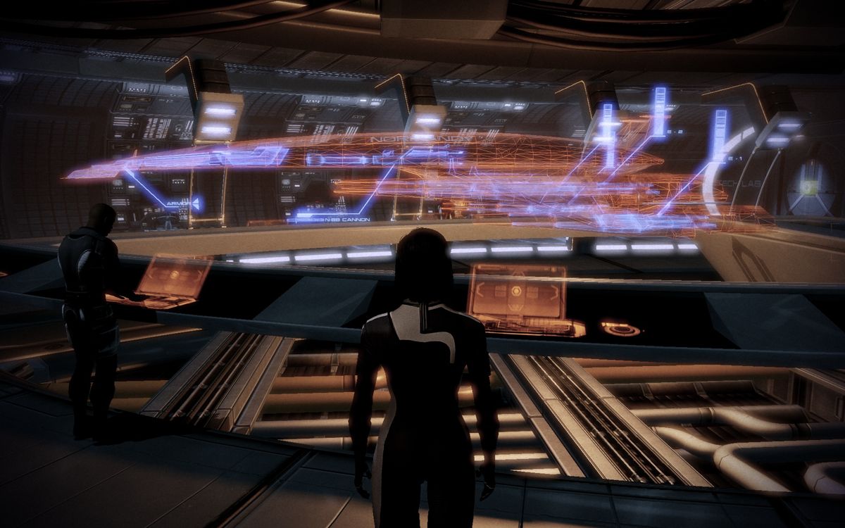 Mass Effect 2 (Windows) screenshot: The diagramm in the middle of the Normandy shows you at first glance which upgrades have been installed.