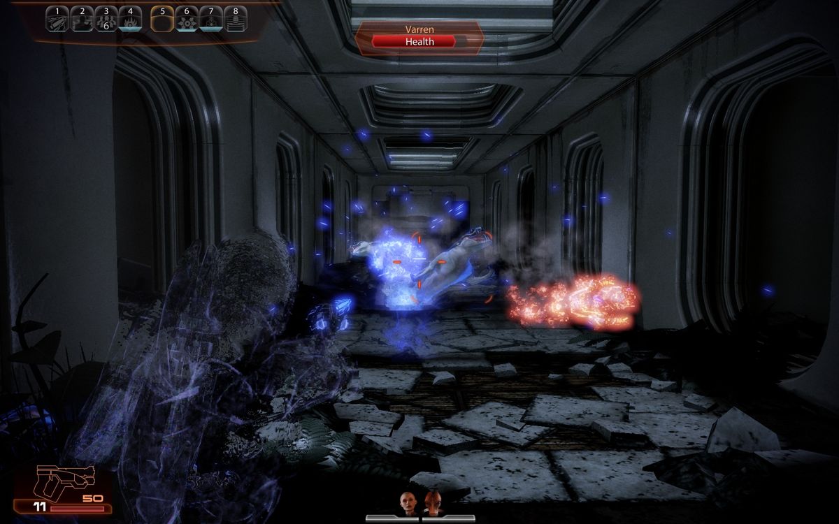 Mass Effect 2 (Windows) screenshot: I'm invisible and my squadmates play with biotic powers to render those Varrens useless.