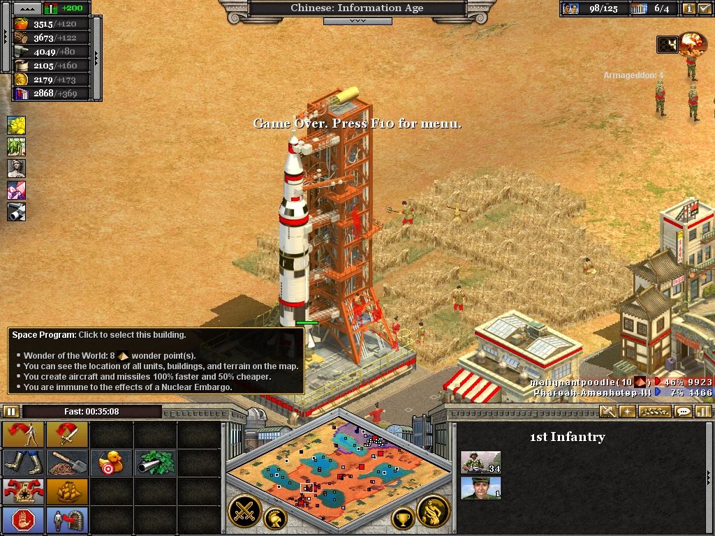 Rise of Nations: Thrones & Patriots (Windows) screenshot: A new wonder, the space program, allows the entire map to be seen and lowers nuke costs.
