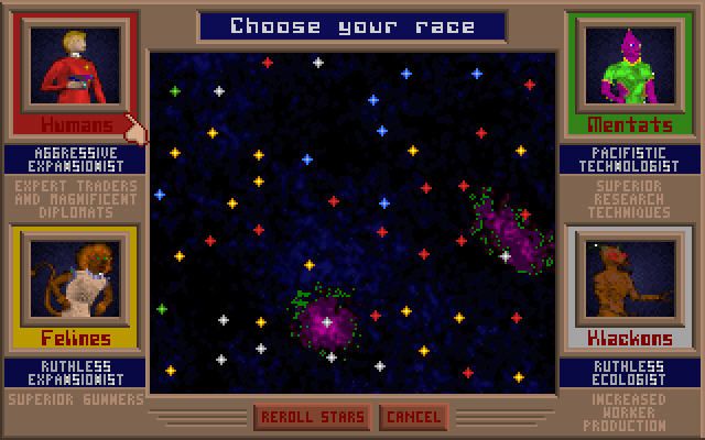 Star Lords (DOS) screenshot: Choose your race. Each one has its own characteristics