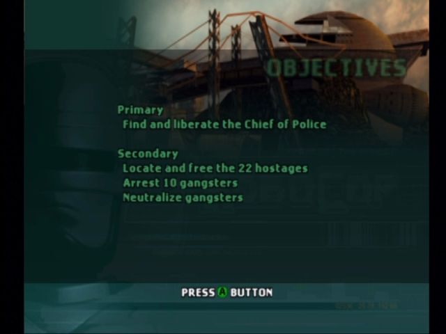 RoboCop (Xbox) screenshot: The loading screen lists your objectives.