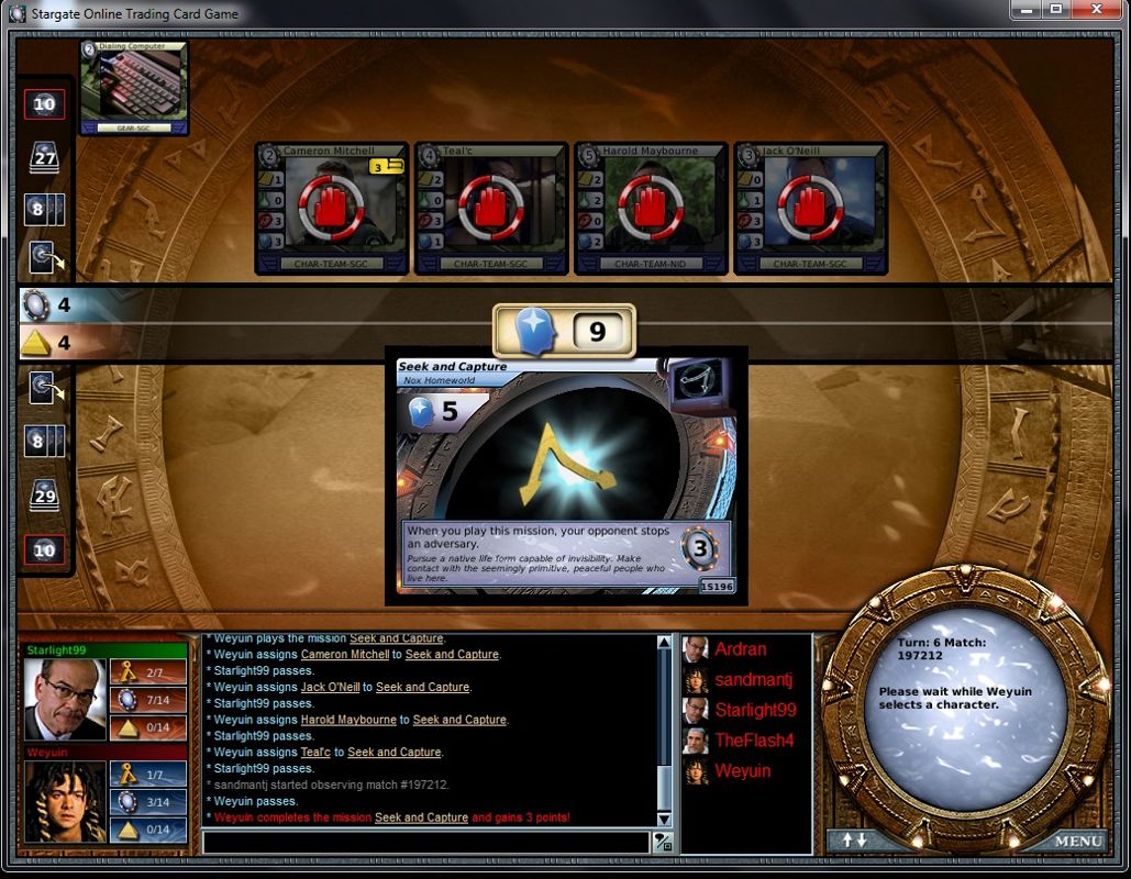 Stargate Online Trading Card Game (Windows) screenshot: The hero won a quest and earned a glyph, which can be given to a team member to increase their abilities.